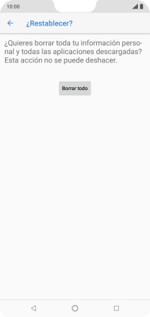 Pulsa Borrar todo. Espera unos instantes mientras el teléfono restablece la configuración predeterminada. Sigue las indicaciones de la pantalla para configurar el teléfono y dejarlo listo para su uso.