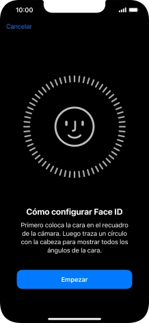 Pulsa Empezar y sigue las indicaciones de la pantalla para crear un código de seguridad con la función de reconocimiento facial (Face ID). Pulsa Empezar y sigue las indicaciones de la pantalla para crear un código de seguridad con la función de reconocimiento facial (Face ID).