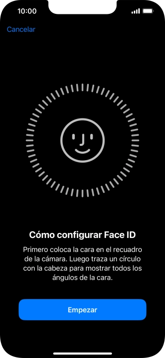 Pulsa Empezar y sigue las indicaciones de la pantalla para crear un código de seguridad con la función de reconocimiento facial (Face ID). Pulsa Empezar y sigue las indicaciones de la pantalla para crear un código de seguridad con la función de reconocimiento facial (Face ID).