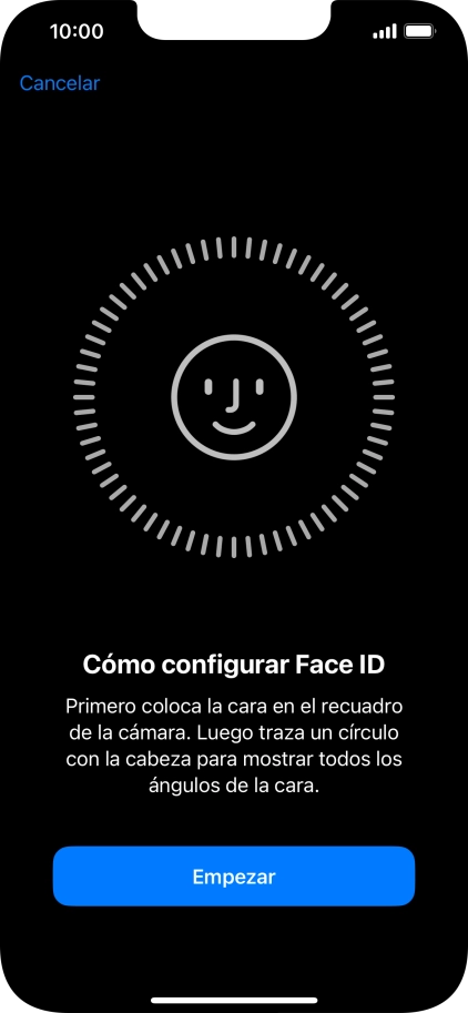 Pulsa Empezar y sigue las indicaciones de la pantalla para crear un código de seguridad con la función de reconocimiento facial (Face ID). Pulsa Empezar y sigue las indicaciones de la pantalla para crear un código de seguridad con la función de reconocimiento facial (Face ID).