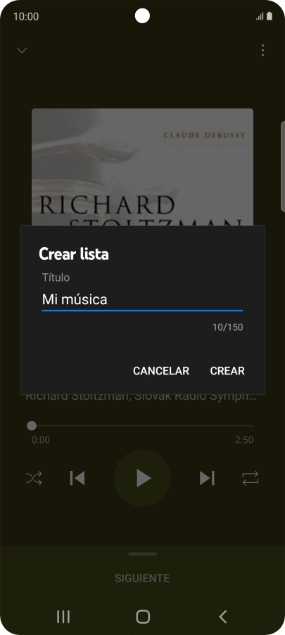 Introduce el nombre deseado de la lista de reproducción y pulsa CREAR. Introduce el nombre deseado de la lista de reproducción y pulsa CREAR.
