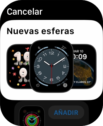Gira la Digital Crown para ver las esferas que deseas añadir. Gira la Digital Crown para ver las esferas que deseas añadir.