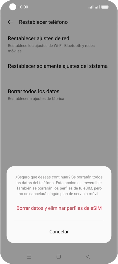 Pulsa el ajuste deseado. Espera unos instantes mientras el teléfono restablece la configuración predeterminada. Sigue las indicaciones de la pantalla para configurar el teléfono y dejarlo listo para su uso. Pulsa el ajuste deseado. Espera unos instantes mientras el teléfono restablece la configuración predeterminada. Sigue las indicaciones de la pantalla para configurar el teléfono y dejarlo listo para su uso.