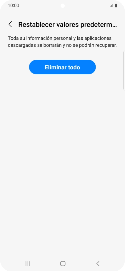 Pulsa Eliminar todo. Espera unos instantes mientras el teléfono restablece la configuración predeterminada. Sigue las indicaciones de la pantalla para configurar el teléfono y dejarlo listo para su uso.