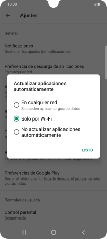 Para activar la actualización automática de apps utilizando la red móvil, pulsa En cualquier red. Para activar la actualización automática de apps utilizando la red móvil, pulsa En cualquier red.