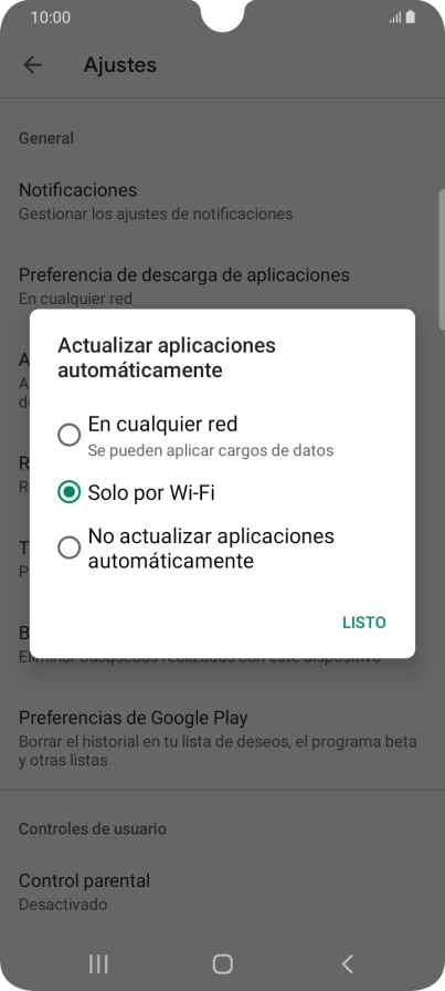 Para activar la actualización automática de apps utilizando la red móvil, pulsa En cualquier red. Para activar la actualización automática de apps utilizando la red móvil, pulsa En cualquier red.