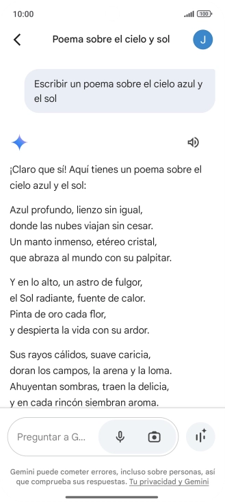 A Gemini le puedes pedir que genere un texto a partir de una descripción tuya. A Gemini le puedes pedir que genere un texto a partir de una descripción tuya.