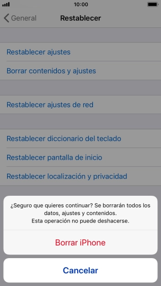 Pulsa Borrar iPhone. Espera unos instantes mientras el teléfono restablece la configuración predeterminada. Sigue las indicaciones de la pantalla para configurar el teléfono y dejarlo listo para su uso. Pulsa Borrar iPhone. Espera unos instantes mientras el teléfono restablece la configuración predeterminada. Sigue las indicaciones de la pantalla para configurar el teléfono y dejarlo listo para su uso.