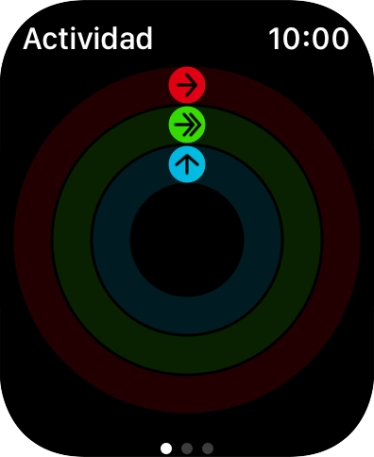 En la pantalla aparece lo que queda para alcanzar los objetivos diarios de actividad. Cuando los círculos de color se cierran, se han alcanzado los objetivos diarios de actividad. En la pantalla aparece lo que queda para alcanzar los objetivos diarios de actividad. Cuando los círculos de color se cierran, se han alcanzado los objetivos diarios de actividad.