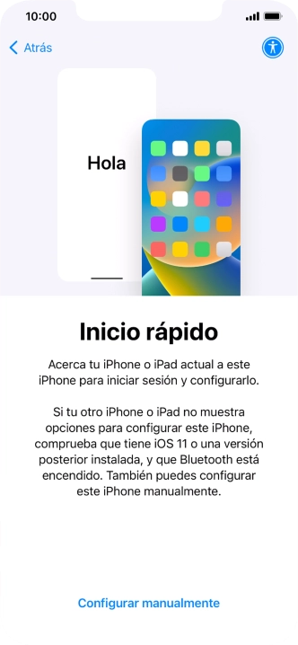 Sigue las indicaciones de la pantalla para transferir contenido de otro dispositivo iOS11 o con una versión más reciente o pulsa Configurar manualmente. Sigue las indicaciones de la pantalla para transferir contenido de otro dispositivo iOS11 o con una versión más reciente o pulsa Configurar manualmente.
