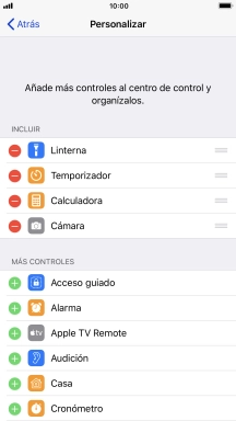 Pulsa el icono de eliminar junto a la función deseada para eliminarla del Centro de control. Pulsa el icono de eliminar junto a la función deseada para eliminarla del Centro de control.