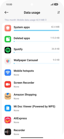 The total data usage for the selected period is displayed. The total data usage for the selected period is displayed.