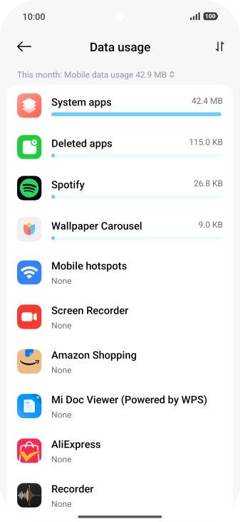 The total data usage for the selected period is displayed. The total data usage for the selected period is displayed.