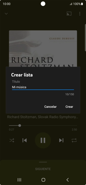 Introduce el nombre deseado de la lista de reproducción y pulsa Crear. Introduce el nombre deseado de la lista de reproducción y pulsa Crear.