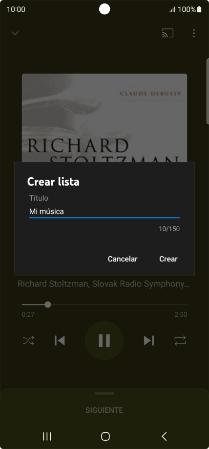 Introduce el nombre deseado de la lista de reproducción y pulsa Crear. Introduce el nombre deseado de la lista de reproducción y pulsa Crear.