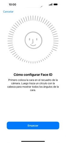 Pulsa Empezar y sigue las indicaciones de la pantalla para crear un código de seguridad con la función de reconocimiento facial (Face ID). Pulsa Empezar y sigue las indicaciones de la pantalla para crear un código de seguridad con la función de reconocimiento facial (Face ID).