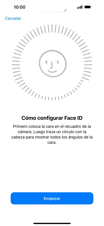 Pulsa Empezar y sigue las indicaciones de la pantalla para crear un código de seguridad con la función de reconocimiento facial (Face ID). Pulsa Empezar y sigue las indicaciones de la pantalla para crear un código de seguridad con la función de reconocimiento facial (Face ID).