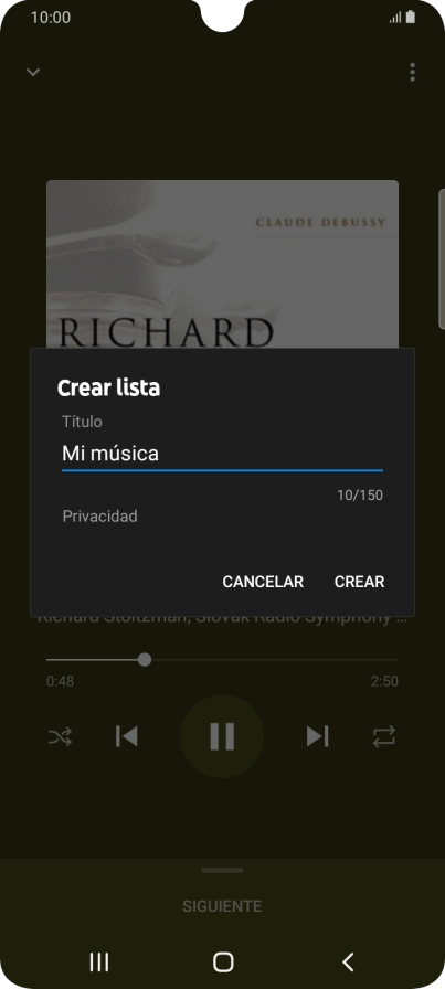 Introduce el nombre deseado de la lista de reproducción y pulsa CREAR. Introduce el nombre deseado de la lista de reproducción y pulsa CREAR.