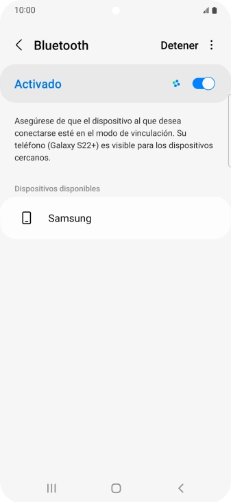 Pulsa el dispositivo Bluetooth deseado y sigue las indicaciones de la pantalla para vincular el dispositivo al teléfono. Pulsa el dispositivo Bluetooth deseado y sigue las indicaciones de la pantalla para vincular el dispositivo al teléfono.