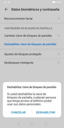 Introduce el código de seguridad seleccionado y pulsa DESHABILITAR.