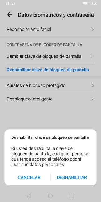 Introduce el código de seguridad seleccionado y pulsa DESHABILITAR.