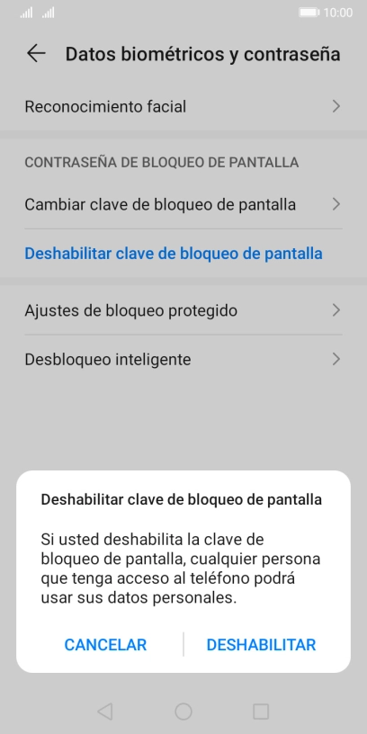 Introduce el código de seguridad seleccionado y pulsa DESHABILITAR.