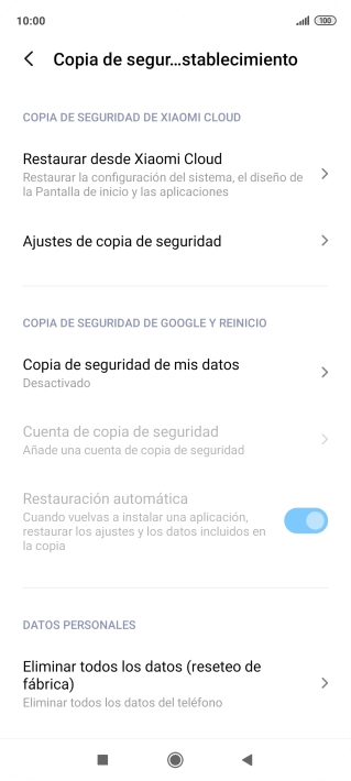 Pulsa Eliminar todos los datos (reseteo de fábrica). Pulsa Eliminar todos los datos (reseteo de fábrica).