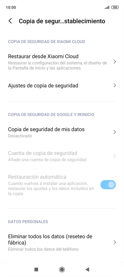 Pulsa Eliminar todos los datos (reseteo de fábrica). Pulsa Eliminar todos los datos (reseteo de fábrica).