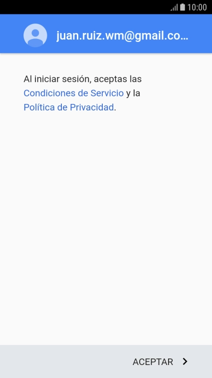 Pulsa ACEPTAR y sigue las indicaciones de la pantalla para seleccionar los ajustes de tu cuenta de Google. Pulsa ACEPTAR y sigue las indicaciones de la pantalla para seleccionar los ajustes de tu cuenta de Google.