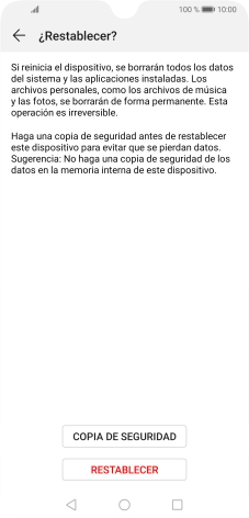 Pulsa RESTABLECER. Espera unos instantes mientras el teléfono restablece la configuración predeterminada. Sigue las indicaciones de la pantalla para configurar el teléfono y dejarlo listo para su uso. Pulsa RESTABLECER. Espera unos instantes mientras el teléfono restablece la configuración predeterminada. Sigue las indicaciones de la pantalla para configurar el teléfono y dejarlo listo para su uso.