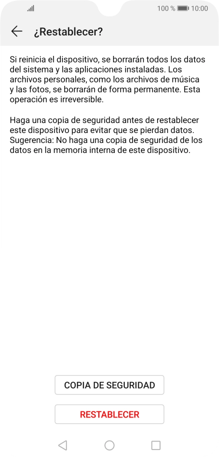 Pulsa RESTABLECER. Espera unos instantes mientras el teléfono restablece la configuración predeterminada. Sigue las indicaciones de la pantalla para configurar el teléfono y dejarlo listo para su uso. Pulsa RESTABLECER. Espera unos instantes mientras el teléfono restablece la configuración predeterminada. Sigue las indicaciones de la pantalla para configurar el teléfono y dejarlo listo para su uso.