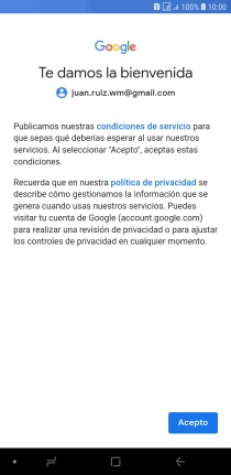 Pulsa Acepto y sigue las indicaciones de la pantalla para seleccionar los ajustes de tu cuenta de Google. Pulsa Acepto y sigue las indicaciones de la pantalla para seleccionar los ajustes de tu cuenta de Google.