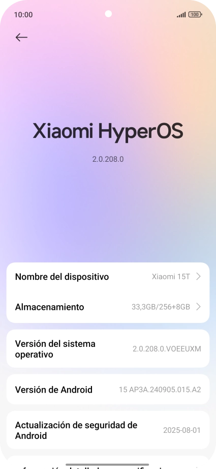 Pulsa Xiaomi HyperOS. Si hay una versión de software nueva disponible, aparecerá ahora en la pantalla. Sigue las indicaciones de la pantalla para actualizar el software del teléfono.