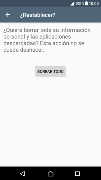 Pulsa BORRAR TODO. Espera unos instantes mientras el teléfono restablece la configuración predeterminada. Sigue las indicaciones de la pantalla para configurar el teléfono y dejarlo listo para su uso.