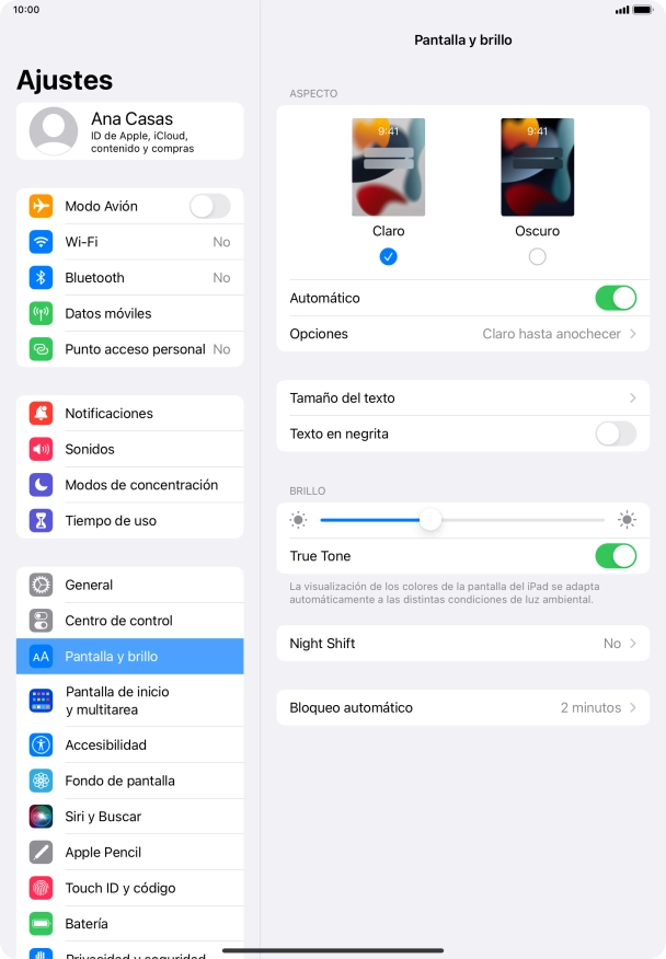 Si activas la función, pulsa Opciones y sigue las indicaciones de la pantalla para seleccionar el período de tiempo que debe durar el Modo Oscuro. Si activas la función, pulsa Opciones y sigue las indicaciones de la pantalla para seleccionar el período de tiempo que debe durar el Modo Oscuro.