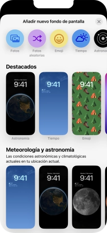 Pulsa una categoría y sigue las indicaciones de la pantalla para seleccionar la imagen de fondo deseada. Pulsa una categoría y sigue las indicaciones de la pantalla para seleccionar la imagen de fondo deseada.