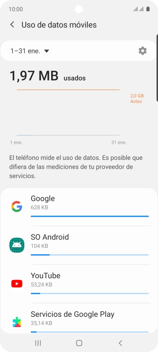 El consumo de datos por cada aplicación aparece bajo el nombre de la aplicación.