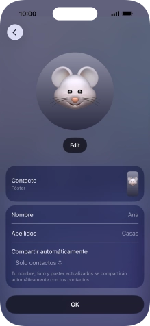 Pulsa los campos del nombre y sigue las indicaciones de la pantalla para editar el nombre del póster de contacto.