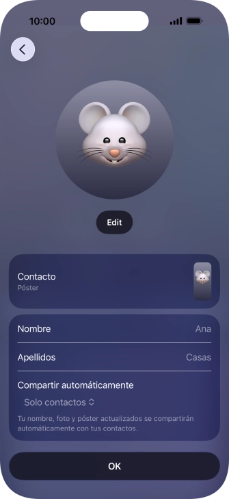Pulsa los campos del nombre y sigue las indicaciones de la pantalla para editar el nombre del póster de contacto.