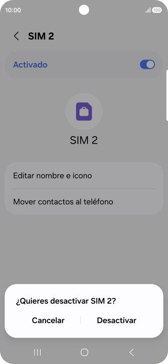 Si desactivas el uso de la línea móvil (SIM), debes pulsar Desactivar. Si desactivas el uso de la línea móvil (SIM), debes pulsar Desactivar.