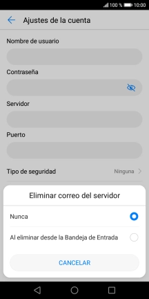 Pulsa Nunca para conservar los correos electrónicos en el servidor cuando los borras del teléfono. Pulsa Nunca para conservar los correos electrónicos en el servidor cuando los borras del teléfono.