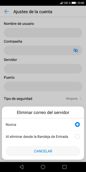 Pulsa Nunca para conservar los correos electrónicos en el servidor cuando los borras del teléfono. Pulsa Nunca para conservar los correos electrónicos en el servidor cuando los borras del teléfono.