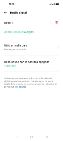 Pulsa el icono de eliminar junto a la huella digital que deseas borrar. Pulsa el icono de eliminar junto a la huella digital que deseas borrar.
