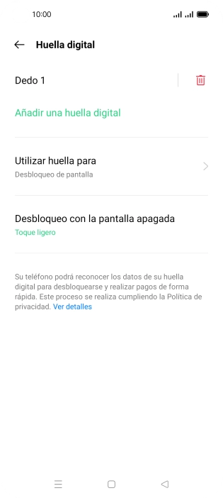 Pulsa el icono de eliminar junto a la huella digital que deseas borrar. Pulsa el icono de eliminar junto a la huella digital que deseas borrar.