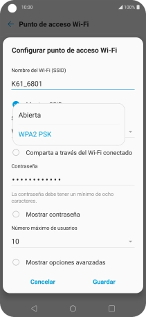 Pulsa WPA2 PSK para proteger la conexión wifi con una contraseña.