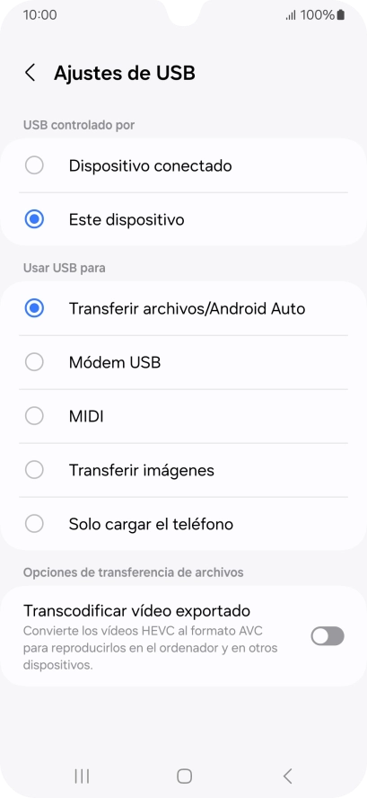 Pulsa Transferir archivos/Android Auto.