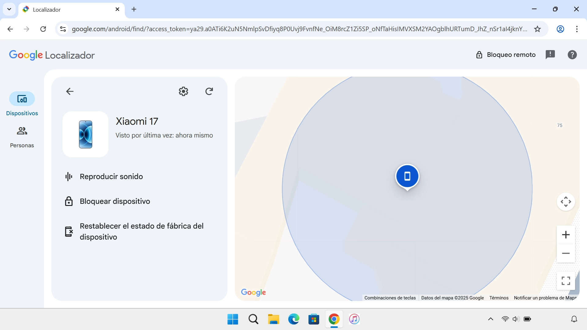 La última posición del teléfono se visualiza en el mapa.