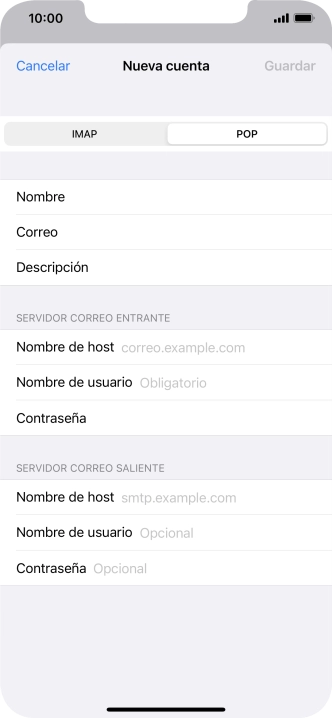 Pulsa Nombre de host e introduce el nombre del servidor de correo de entrada de tu proveedor de correo electrónico. Pulsa Nombre de host e introduce el nombre del servidor de correo de entrada de tu proveedor de correo electrónico.
