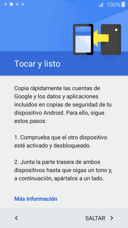 Puedes transferir el contenido de otro teléfono cuando activas tu teléfono por primera vez y cuando lo has restablecido. Cuando aparezca en la pantalla del teléfono esta imagen, ya está listo para la transmisión del contenido del otro teléfono. Puedes transferir el contenido de otro teléfono cuando activas tu teléfono por primera vez y cuando lo has restablecido. Cuando aparezca en la pantalla del teléfono esta imagen, ya está listo para la transmisión del contenido del otro teléfono.