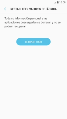 Pulsa ELIMINAR TODO. Espera unos instantes mientras el teléfono restablece la configuración predeterminada. Sigue las indicaciones de la pantalla para configurar el teléfono y dejarlo listo para su uso. Pulsa ELIMINAR TODO. Espera unos instantes mientras el teléfono restablece la configuración predeterminada. Sigue las indicaciones de la pantalla para configurar el teléfono y dejarlo listo para su uso.